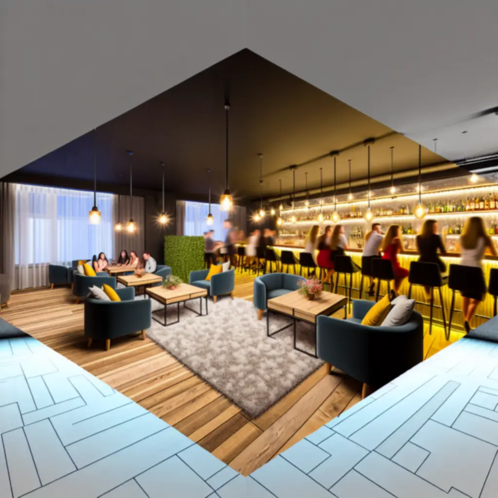 Stílusos, fiatalos lounge tér meleg fényekkel